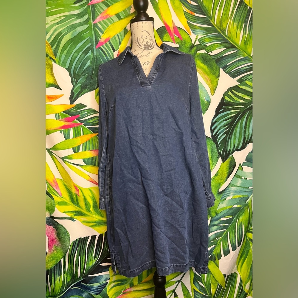 Soft Surroundings MP Dark Blue Chambray Denim Midwest Casual Long Sleeve Dress